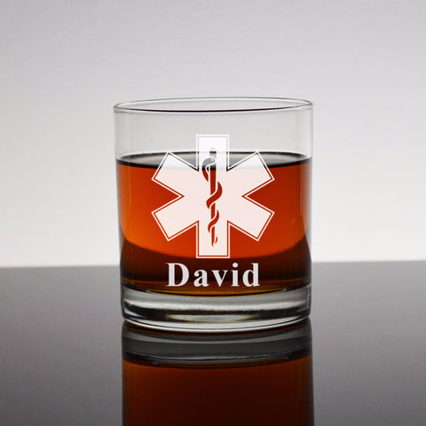 Star of Life Rocks Glass Engraved EMT Paramedic Bourbon Whiskey Personalized