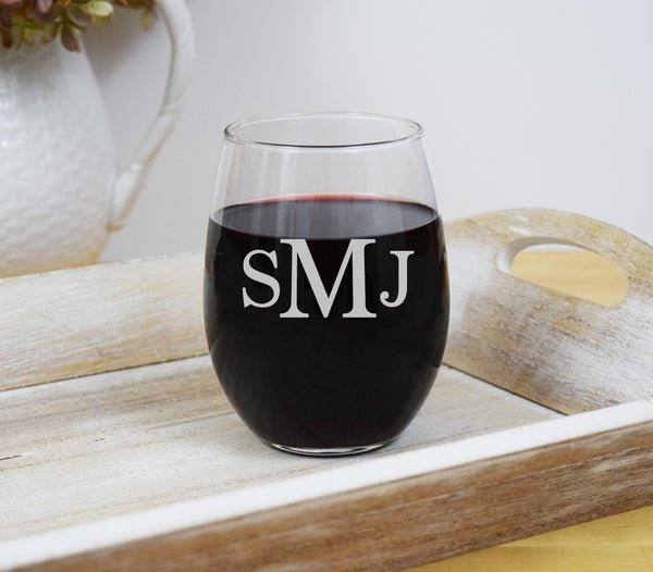 Monogram Wine Glass Engraved Personalized Custom Stemless