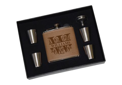 Engraved Leather Flask Gift Set With Shot Glasses And Funnel - Monogram Split Letter Personalized