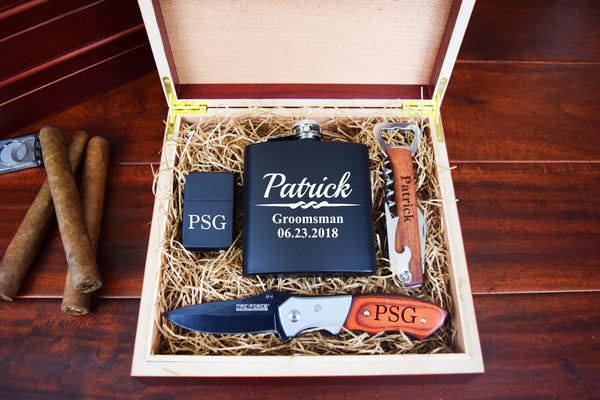  Embossed Gift Box Set with Carved Pocket Knife, Engraved Flask  and Personalized Leather Case for Groomsmen Gifts, Best Man, Gift for  Husband, Father, Boyfriend : Handmade Products