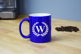 Engraved Etched Blue Coffee Mug - Single Letter Initial Monogram Framed