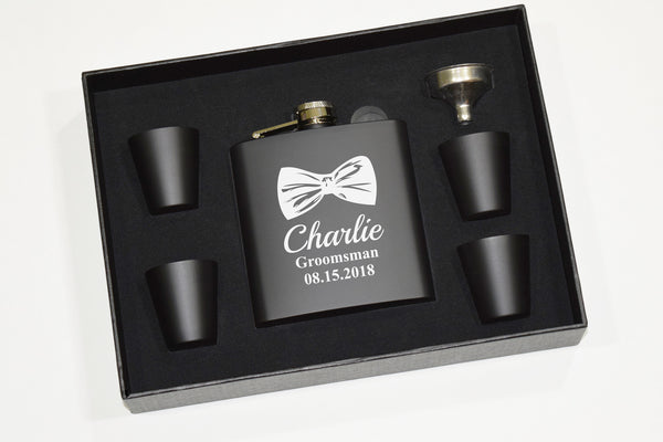 Custom Groomsmen Flask - Bow tie flask - Engraved Flask Gift Set With Shot Glasses And Funnel - Bow Tie Weddings