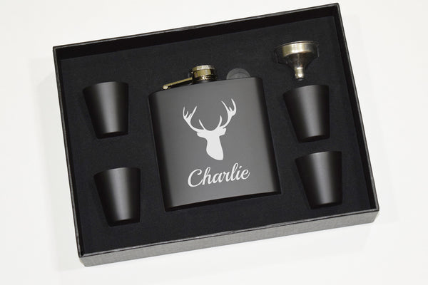 Custom Hunter Flask Gift Set - Deer Hunter Buck Personalized - Whiskey Gift