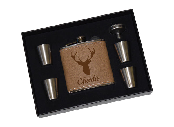 Deer Hunter Flask - Custom Leather Flask Gift Set With Shot Glasses And Funnel - Deer Buck Hunter Personalized