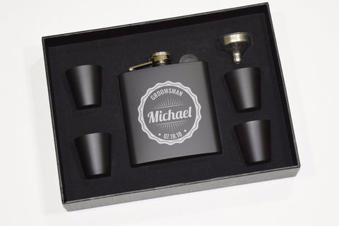 Etched Engraved Black Flask Gift Set With Shot Glasses and Funnel - Wedding Party Groomsman Groomsmen Usher Best Man Personalized Wedding Party Gifts