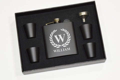 Custom Engraved Bourbon Whiskey Black Flask Gift Set - Single Letter Initial Monogram Framed