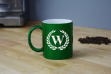 Engraved Etched Green Coffee Mug - Single Letter Initial Monogram Framed