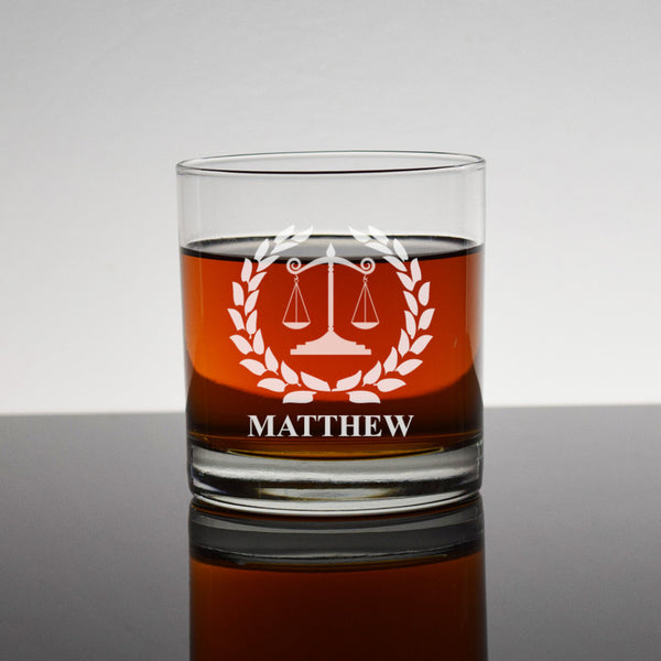 Custom Scale of Justice Lawyer Rocks Whiskey Bourbon Glass - Personalized Lawyer Graduation Law School