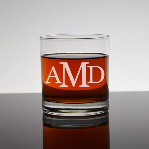Custom Monogram Engraved Bourbon Whiskey Rocks Glass - 3 letter monogram