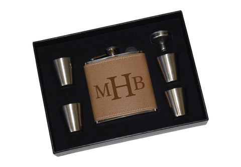 Custom Monogram Engraved Leather Flask Gift Set With Shot Glasses And Funnel - Monogram Personalized