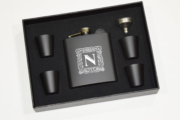 Custom Engraved Bourbon Whiskey Flask Gift Set with Shot Glasses and Funnel - Single Letter Monogram Initial