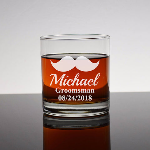 Mustache Engraved Etched Bourbon Whiskey Rocks Glass - Wedding Party Mustache Groomsman Groomsmen Gifts