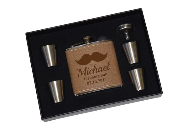 Engraved Leather Flask Gift Set With Shot Glasses And Funnel - Wedding Mustache Personalized