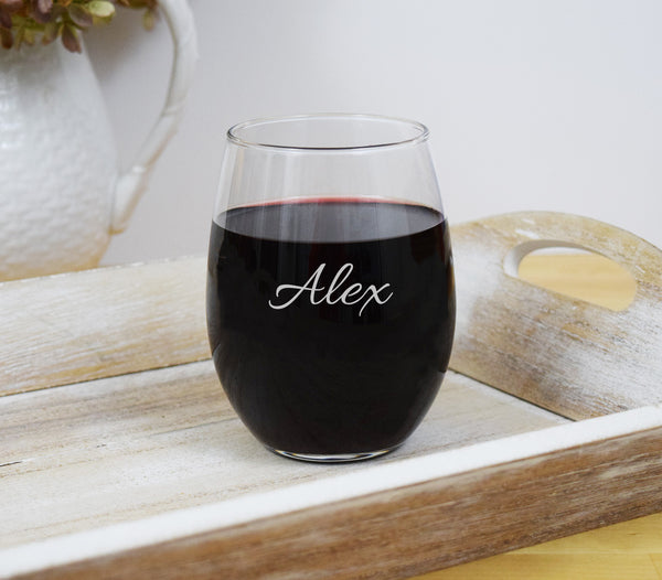 Engraved Etched Stemless Wine Glass - Personalized Name
