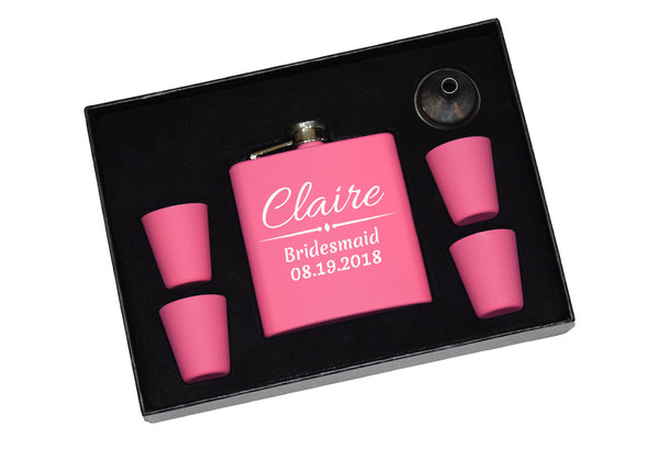 Etched Engraved Pink Flask Gift Set With Shot Glasses and Funnel - Wedding Party Bride Bridesmaid Bridesmaids Maid Matron of Honor Personalized Wedding Party Gifts