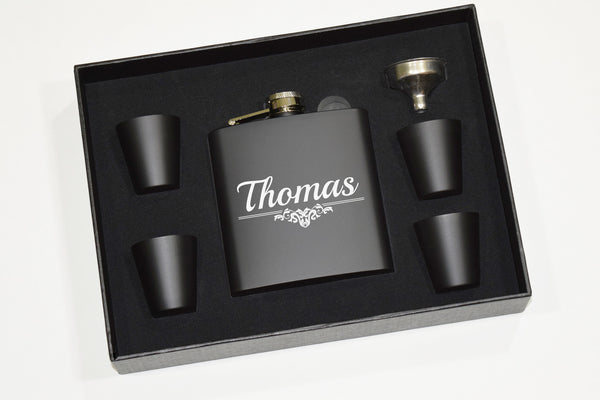 Engraved Etched Flask Gift Set with Shot Glasses and Funnel - Wedding Party Personalized Groomsman Groomsmen Gifts