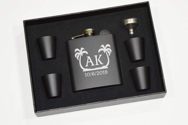 Palm Tree Engraved Etched Black Flask Gift Set with Shot Glasses and Funnel - Wedding Party Initials Monogram Beach Groomsman Groomsmen Gifts