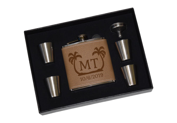 Destination Wedding Vacation Custom Engraved Leather Flask Gift Set With Shot Glasses And Funnel - Palm Trees Personalized