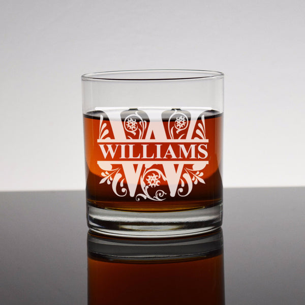 Engraved Etched Bourbon Whiskey Rocks Glass - Regal Split Letter Monogram Personalized