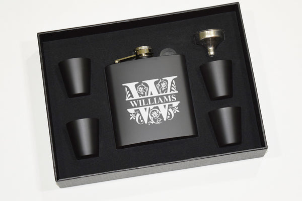 Engraved Etched Bourbon Whiskey Flask Gift Set Black With Shot Glasses and Funnel - Monogram Split Letter Initial Personalized Name