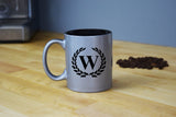 Engraved Etched Silver Coffee Mug - Single Letter Initial Monogram Framed