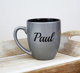 Engraved Etched Bistro Coffee Mug - Silver Personalized Custom Name