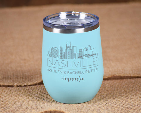 Personalized Nashville Charleston Miami Bachelorette Stemless Wine Tumbler with City Skyline