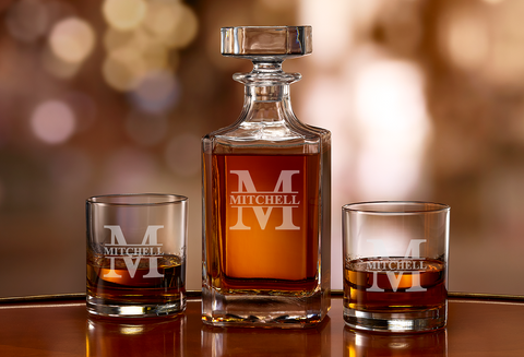 Custom Engraved Whiskey Bourbon Decanter - Split Letter Monogram
