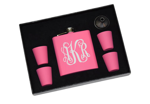 Engraved Etched Pink Flask Gift Set With Shot Glasses and Funnel - Vine Monogram Initials