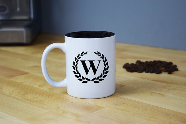 Engraved Etched White Coffee Mug - Single Letter Initial Monogram Framed